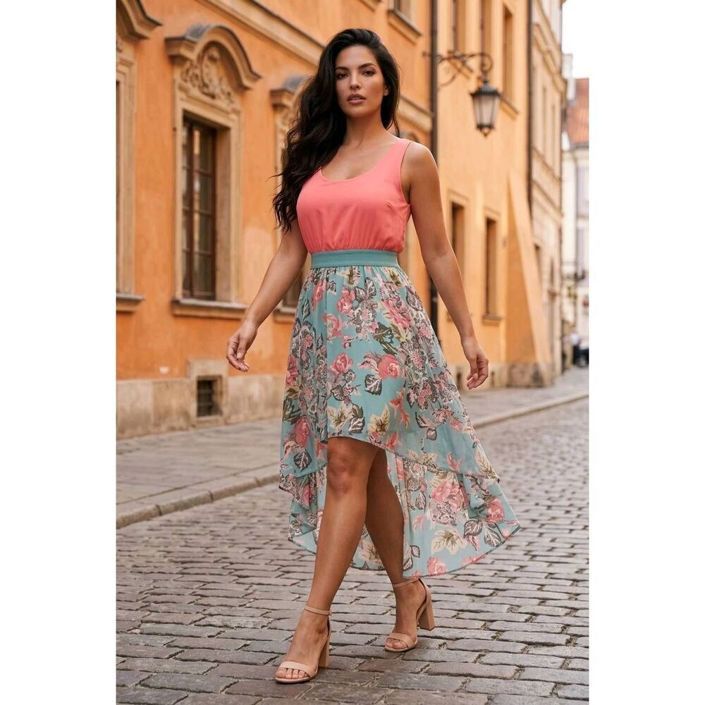 ☔️🔹️Just Me Sage & Coral Hi-Low Open Back Sleeveless Dress Medium